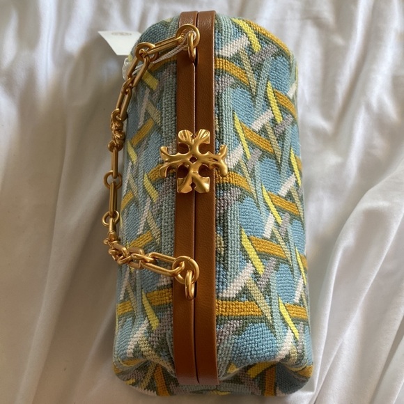 Tory Burch Cleo Basketweave Blue Caning Logo Geo Needlepoint Small Bag - Picture 8 of 15